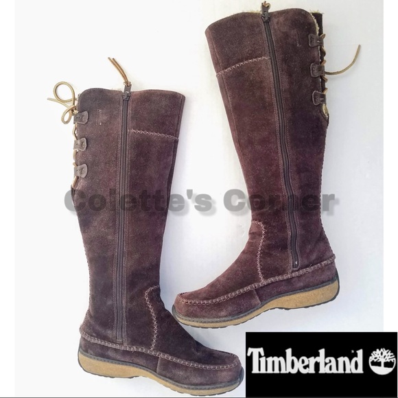 Timberland Tall Fauna Brown Suede Tan Moccasin Lace Up Low Wedge Sherling Boots - Picture 2 of 8